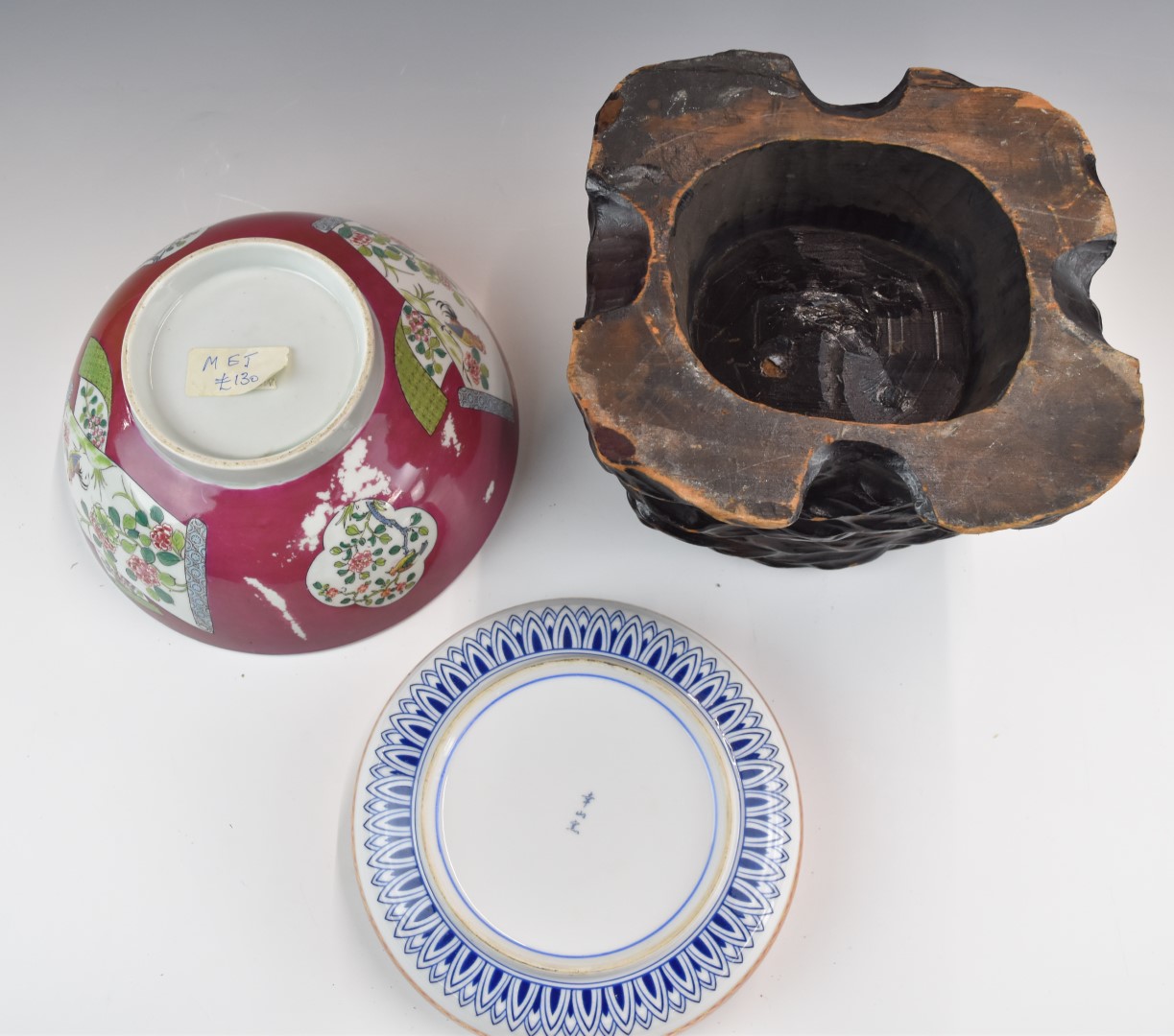 Chinese pedestal bowl, Japanese shallow dish and a large carved wooden stand, tallest 20cm - Image 3 of 3