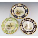 Royal Worcester signed James Stinton tazza and two plates decorated with Bothal Castle, Doune Castle