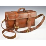 Leather shotgun cartridge carry bag with shoulder strap and brass fittings, 35 x 16 x 20cm.