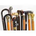 Twelve walking sticks / canes including several silver mounted examples, carved, malacca and