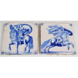 Two 18thC Delft tiles decorated with soldiers on horseback, 13 x 13cm