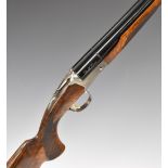 Akkar Double Crown 20 bore side by side shotgun with textured semi-pistol grip and forend, single