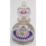 Richardson's or similar Old English millefiori glass paperweight inkwell with pink, white green