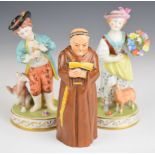 Two Dresden figures and a Royal Worcester monk candle snuffer, tallest 13.5cm