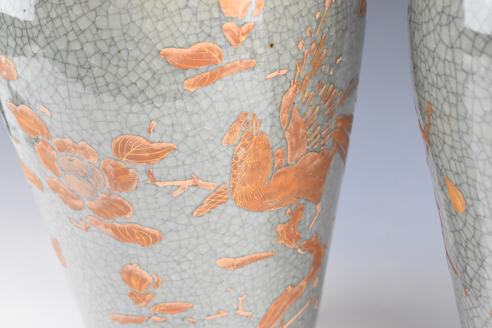 A pair of Chinese crackle glazed vases with flora and fauna decoration and Greek key design to the - Image 3 of 4