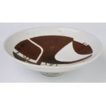 Sheila Casson studio pottery pedestal dish with abstract decoration, diameter 16cm x height 5cm