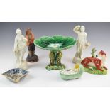 Majolica tazza centrepiece, Staffordshire figures by Neale and Co, terracotta figure in the style of