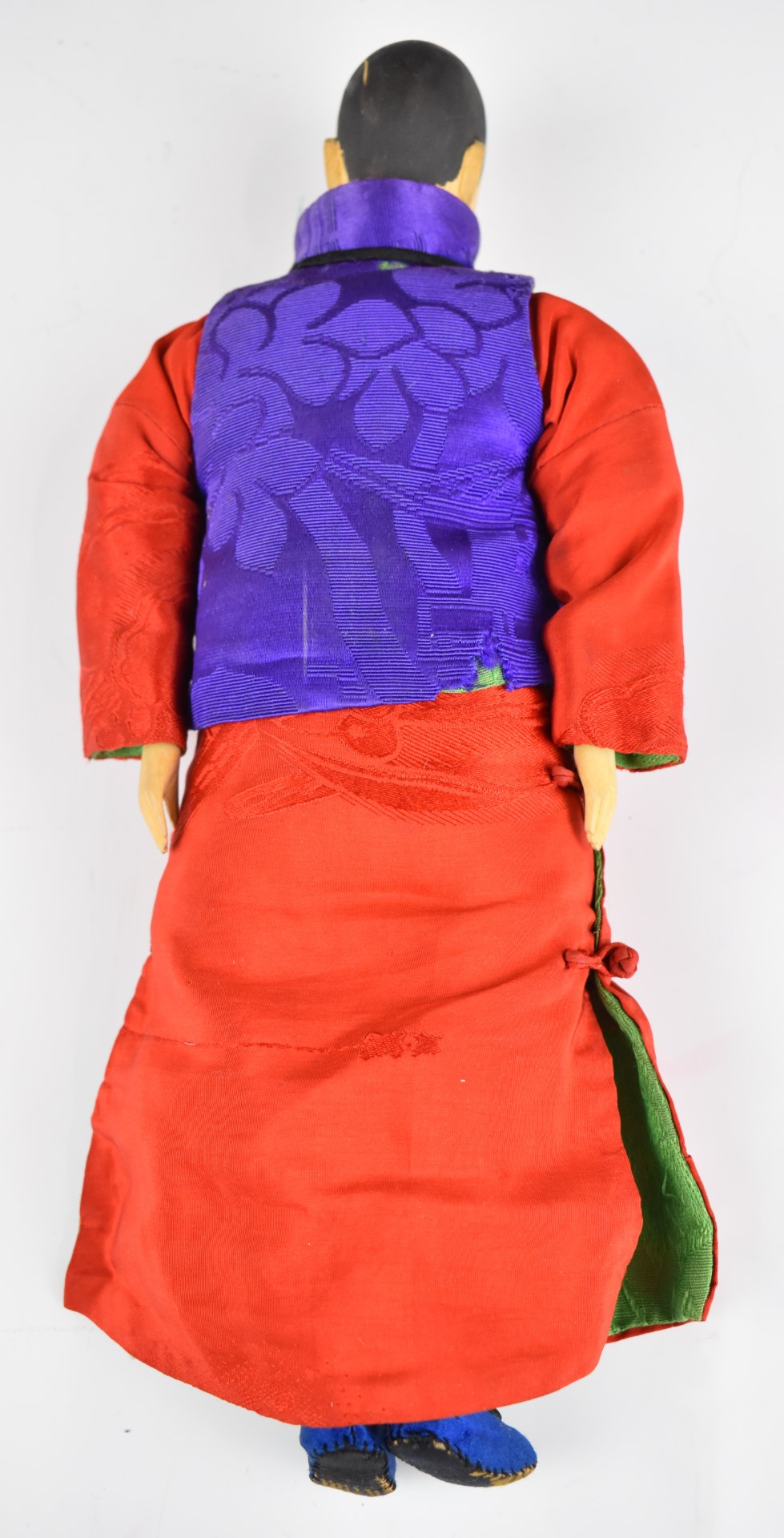 Chinese 'Door of Hope' doll wearing a pink dress and purple silk jacket, height 22cm - Image 2 of 3