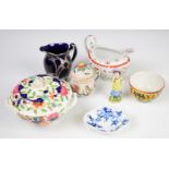 A collection of 19thC ceramics including Meissen pin dish, silver overlaid jug, chocolate pot and