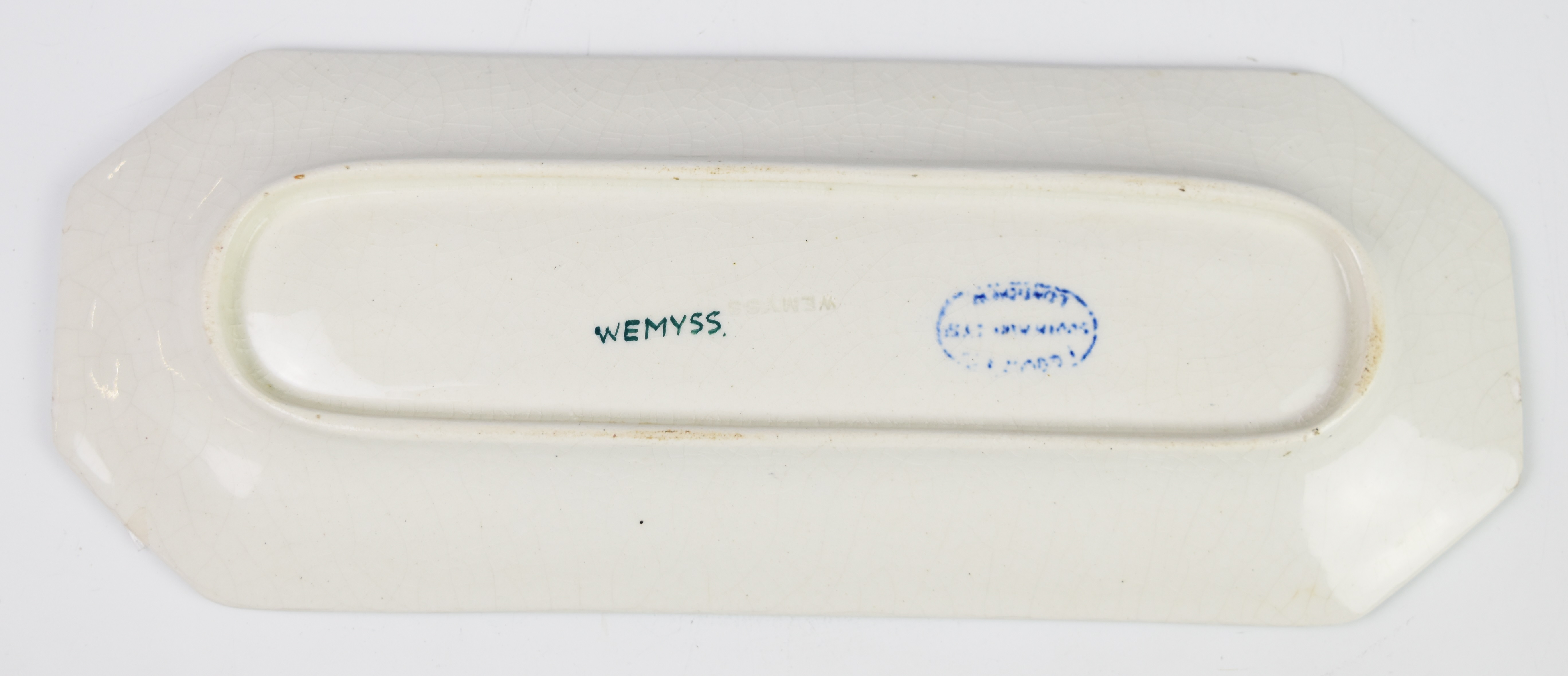 Wemyss pen tray decorated with roses, impressed and printed marks to base, 25 x 9.5cm - Image 3 of 3
