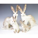 Winstanley Pottery opposing pair of number 9 hares together with a 2 and 3, tallest 37cm