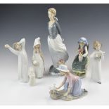 Six Lladro and Nao figures with a Copenhagen figure, tallest 33cm