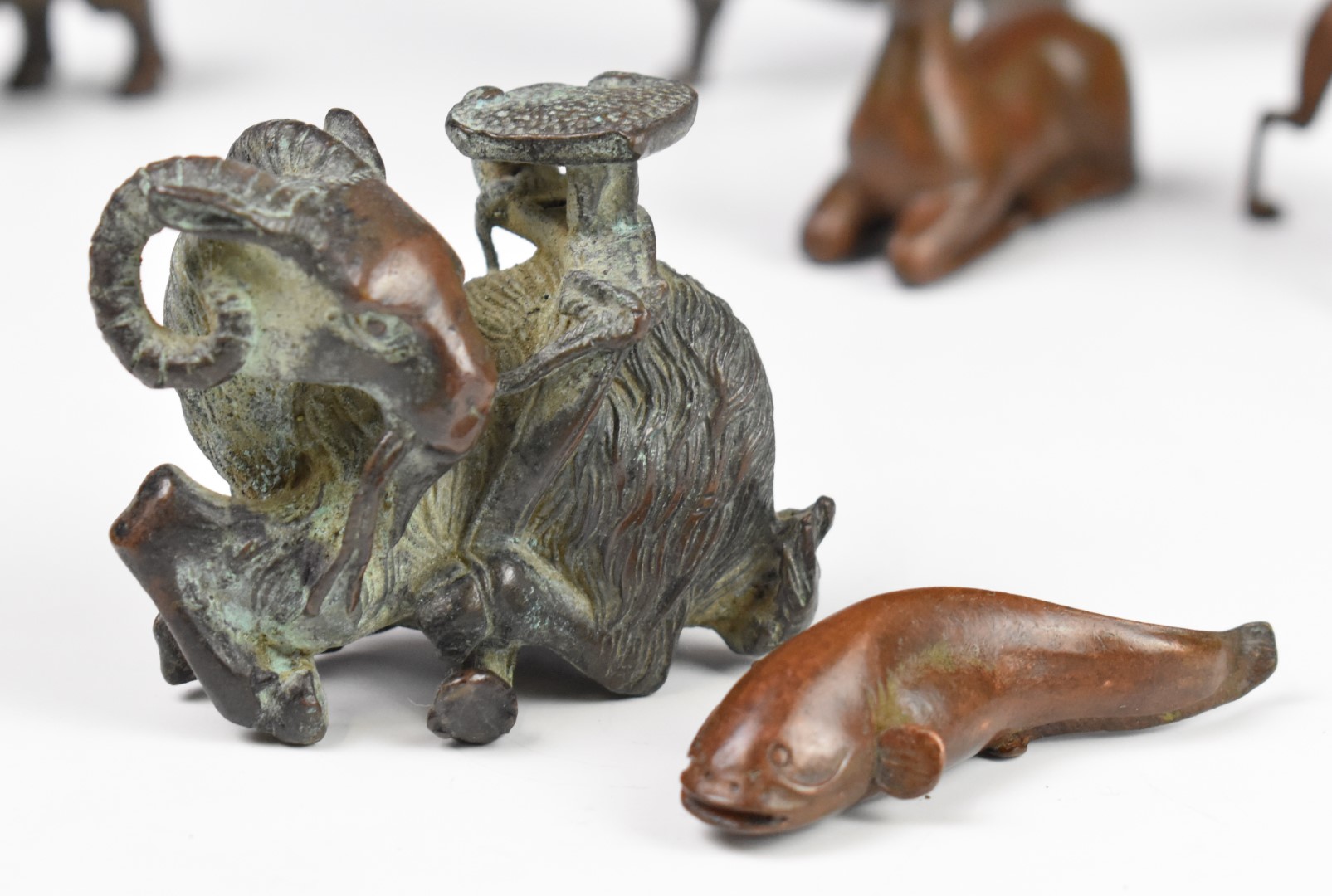 Collection of Japanese and Chinese bronze and cast metal animals including dragon, goat etc - Image 2 of 5