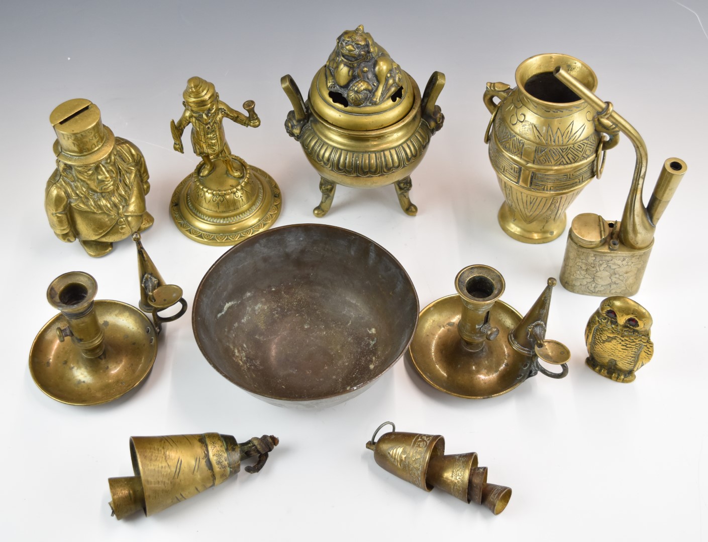 A collection of Chinese brass items including censer, vases, opium pipe etc - Image 2 of 2