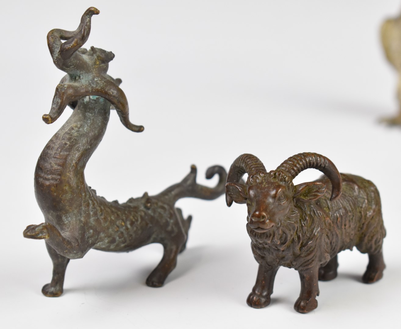 Collection of Japanese and Chinese bronze and cast metal animals including dragon, goat etc - Image 4 of 5