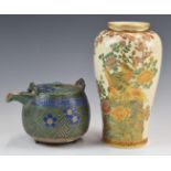 Japanese Satsuma vase and a enamelled pottery teapot, tallest 21cm