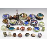 A collection of Chinese cloisonné covered pots, dishes, bell etc, largest diameter 12cm