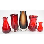 Five Whitefriars glass vases comprising four ruby red including one Knobbly and one with control