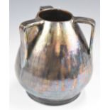 Dicker Pottery Arts & Crafts three handled vase with iridescent glaze, shape no 154, height 17.5cm