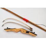 Vintage ash or similar longbow, length 196cm and a Hoyt Quicks Elizabethan 66" archery bow.