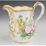 A 19thC porcelain jug decorated with flowers and with script 'Mr P Swaffield, Cleveland Place,