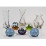 Eight Caithness glass paperweights and vases, tallest 18cm, one in original box.