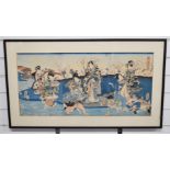 Japanese Meiji period triptych woodblock of a court scene, 36 x 75cm