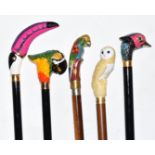Five walking sticks / canes with bird handles by Il Marchesato and others including a Chinese