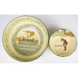 Royal Doulton Seriesware Bayeux Tapestry pedestal bowl and a golfing Seriesware dish, largest