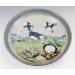 Highland Stoneware large pottery pedestal bowl decorated with puffins in flight returning to their