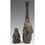 Japanese figural stork bronze vase and a Buddha, tallest 33cm