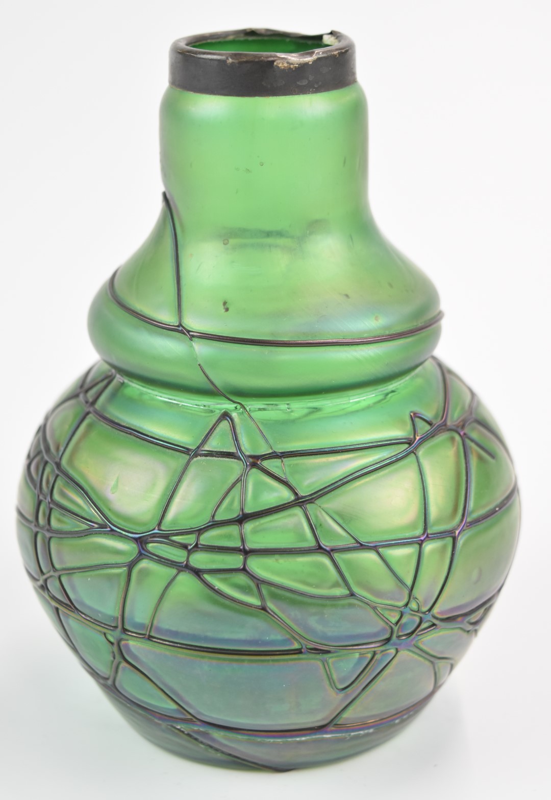 Loetz / Kralik iridescent glass vase with trailed decoration and hallmarked silver mount, 64cm tall. - Image 2 of 3