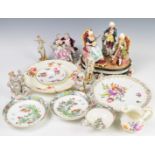 A collection of ceramics including Volkstedt figures, Dresden plate, Royal Crown Derby Posies etc,