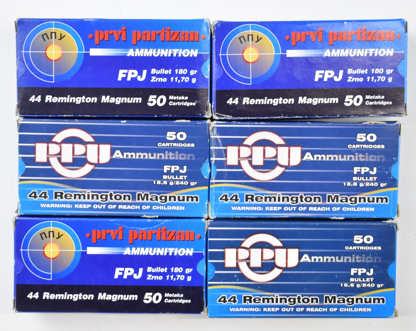 Three-hundred .44 Remington Magnum Prvi Partizan and PPU rifle cartridges, all in original boxes.