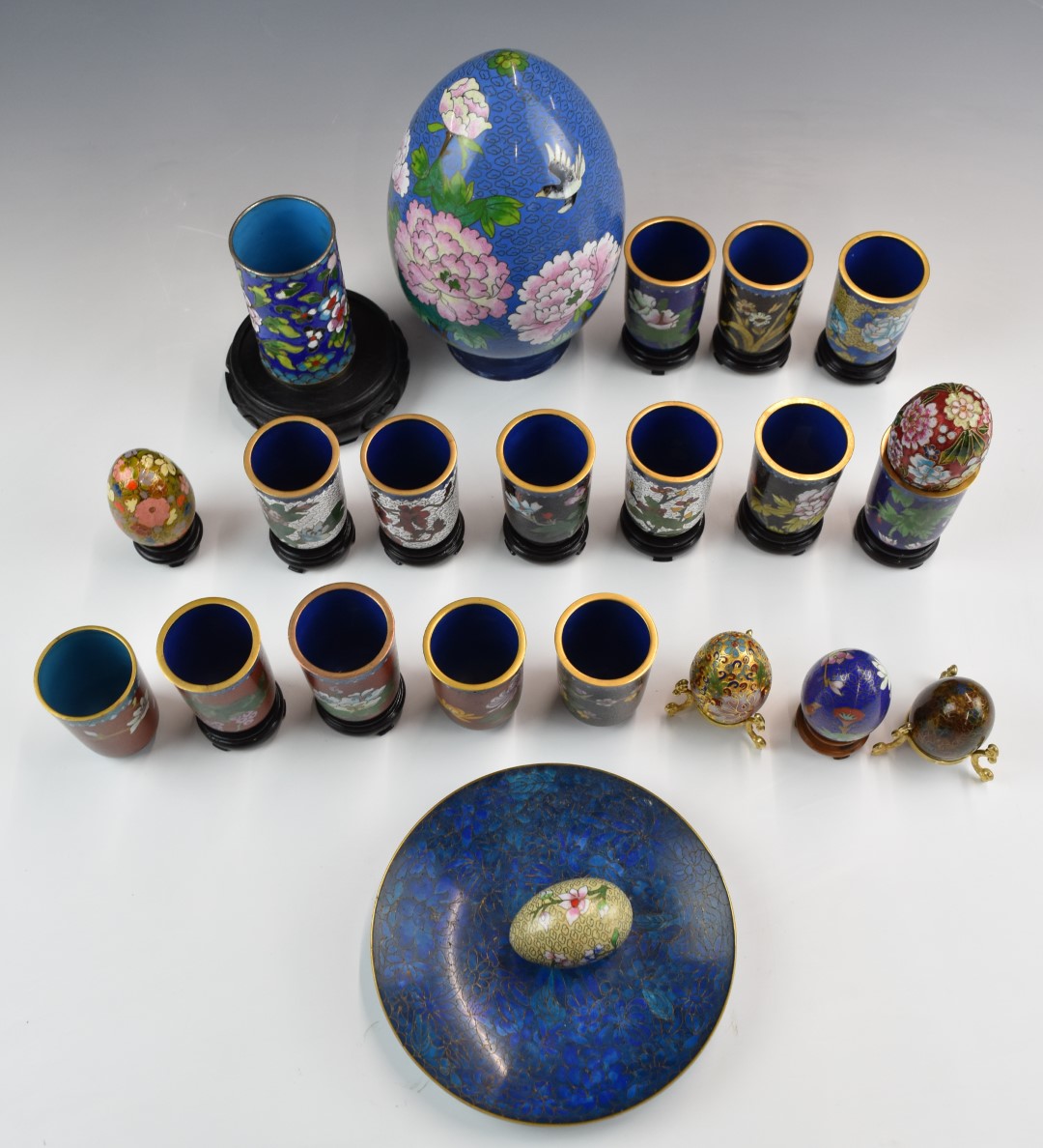 A collection of Chinese cloisonné brush washers, large egg, plate etc, tallest 23cm - Image 2 of 2