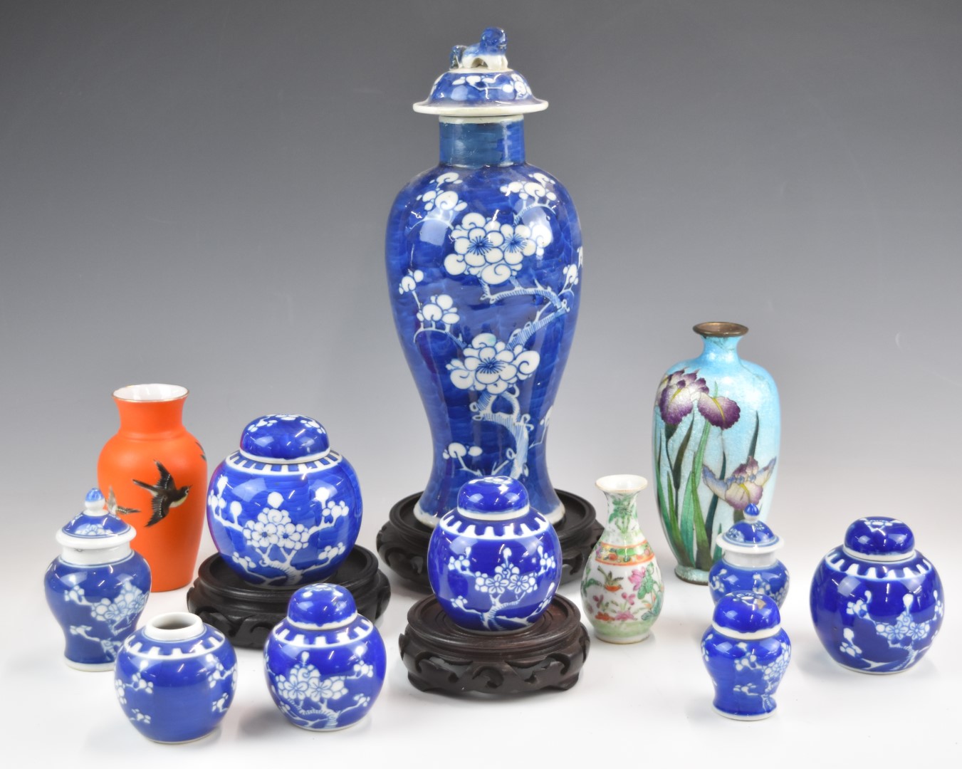 A collection of Chinese ginger jars and vases with prunus decoration, Ginbari vase and Japanese vase