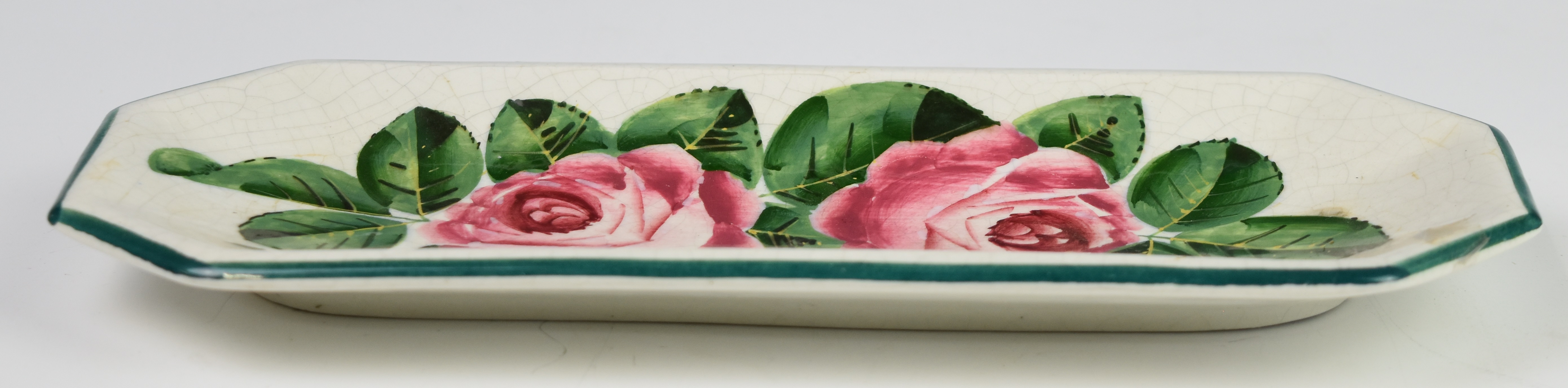 Wemyss pen tray decorated with roses, impressed and printed marks to base, 25 x 9.5cm - Image 2 of 3