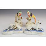 Pair of Staffordshire parrot pen holders and two figures of greyhounds, tallest 13cm