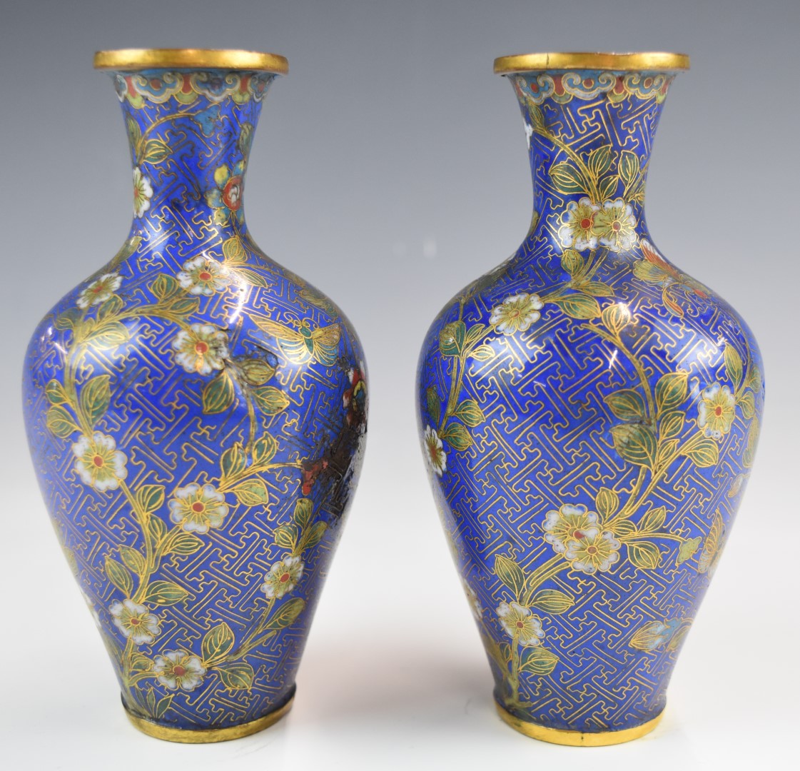 Pair of blue cloisonné vases, height 16cm