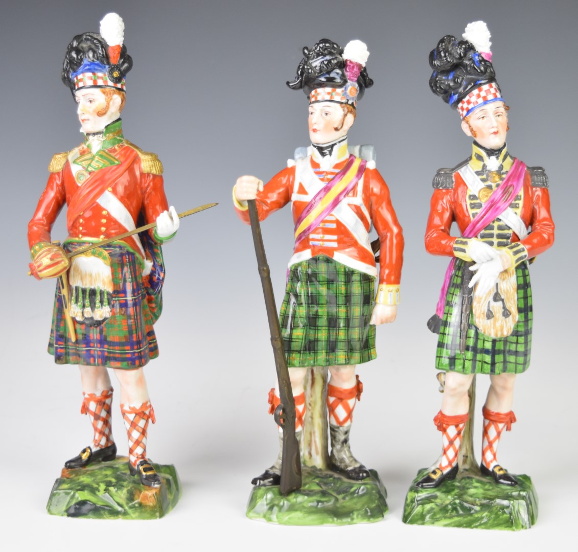 Three Dresden military figures comprising Officer 79th Highlanders 1840, 93rd Argyll and
