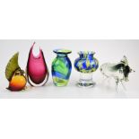 Five pieces of art glass including a Murano style bull and bird paperweight, cranberry vase etc,