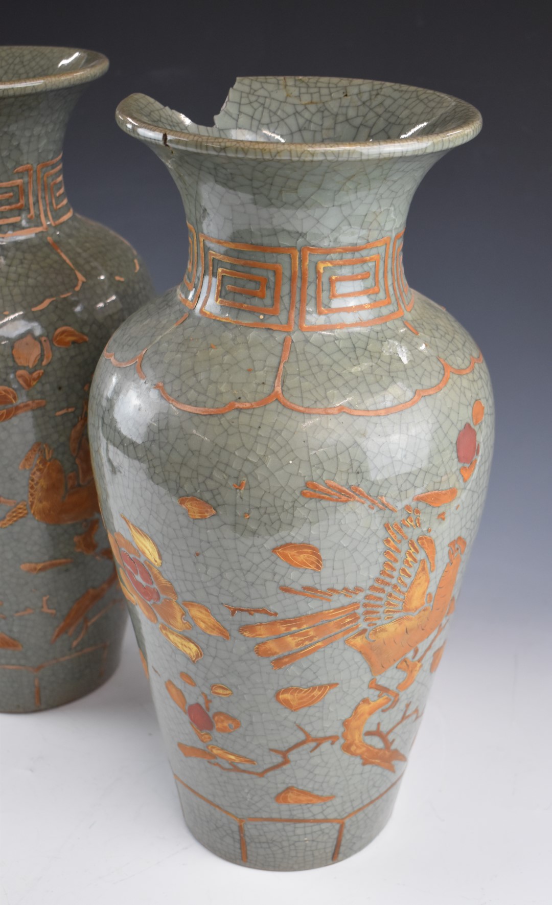 A pair of Chinese crackle glazed vases with flora and fauna decoration and Greek key design to the - Image 4 of 4