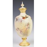 Royal China Works, Worcester blush ivory covered vase decorated with birds, height 28cm