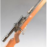 Unique .22LR bolt-action rifle with textured semi-pistol grip, magazine, adjustable sights, Japanese