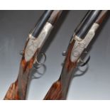 A pair of Hollis Bentley & Playfair 12 bore side by side sidelock ejector shotguns, each with all