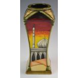 Moorcroft trial vase decorated with a mosque with minaret from four different angles at sunrise,