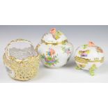 Herend porcelain reticulated basket and two covered pots decorated in the Queen Victoria pattern,