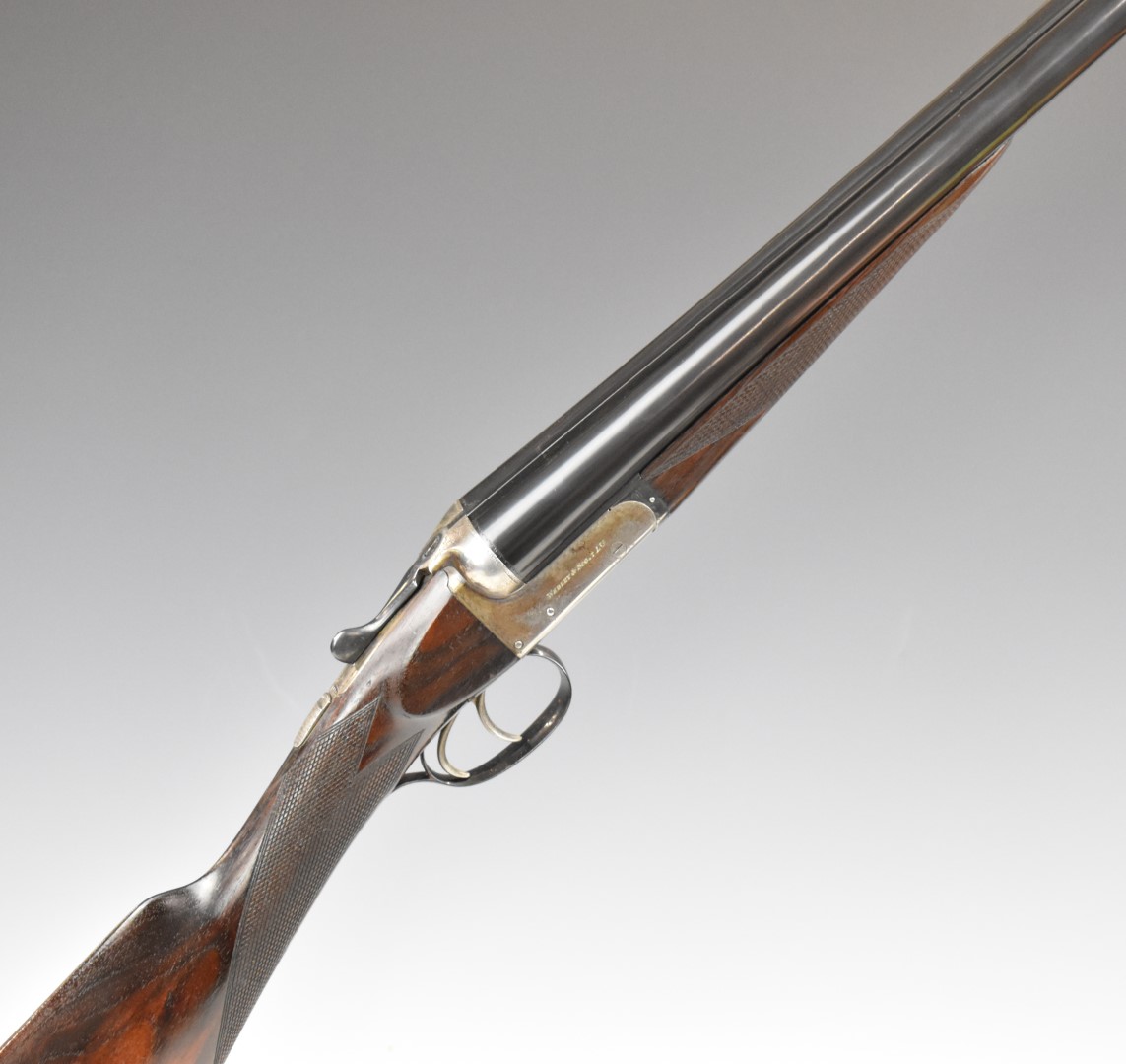 Webley & Scott 12 bore side by side ejector shotgun with named and engraved lock, border engraved
