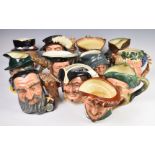 Twelve Royal Doulton large character jugs including Henry VIII, Drake, Pied Piper, and Robin Hood,