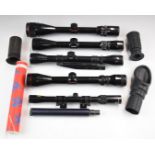 Five various rifle scopes comprising Weaver Micro-Trac CV10 2x-10x38, Simmons Deer Field 4-12x40 and